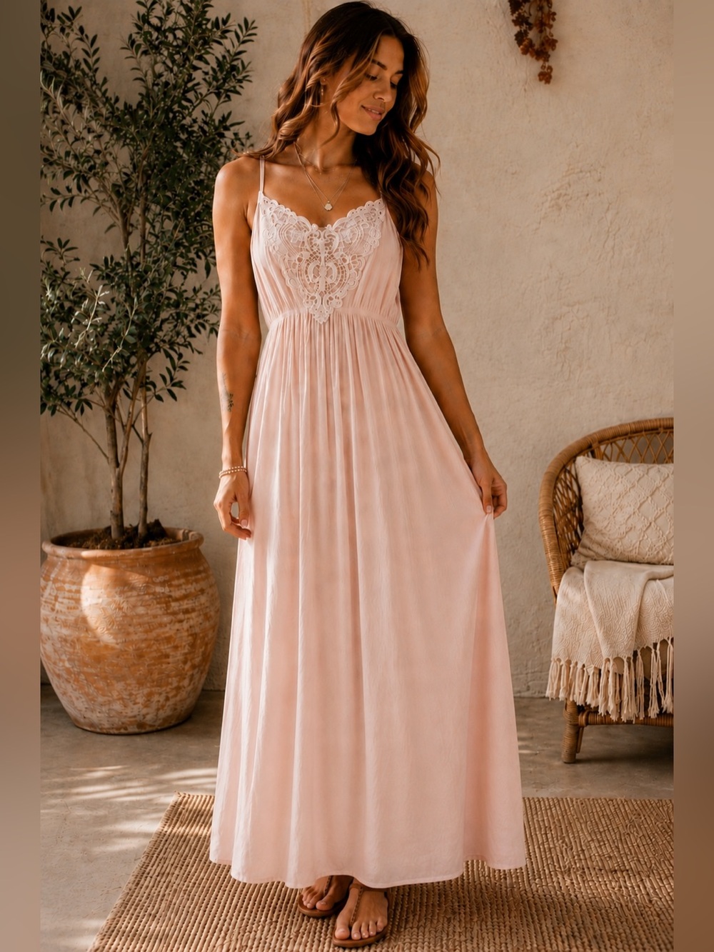 Charlotte Russe Blush Pink Lace Maxi Dress Boho Romantic Medium